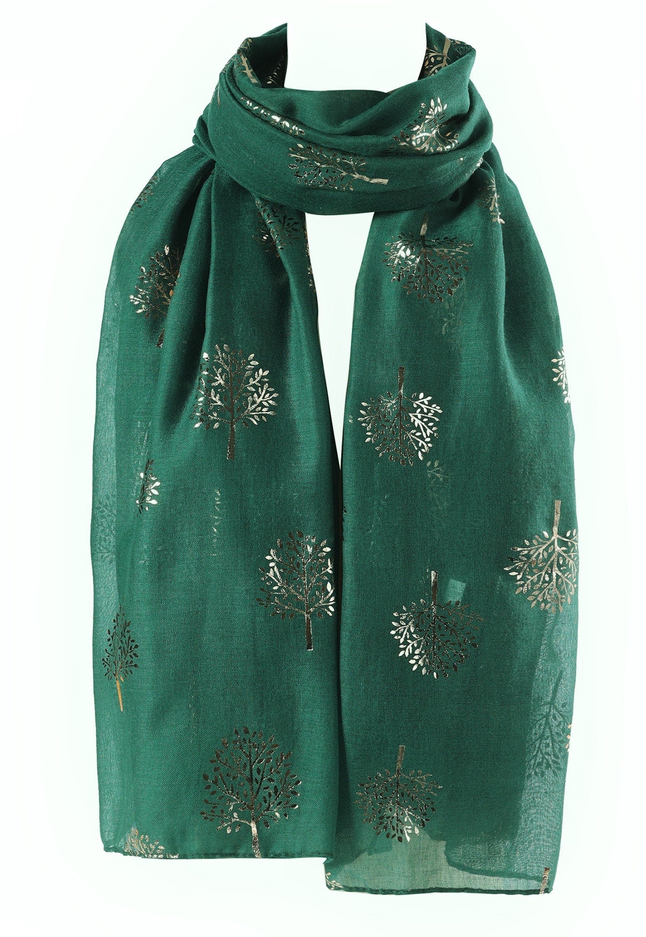 Elegant Bottle Green Mulberry Tree Scarf with Rose Gold Metallic Foil Print Classy Ritzy Scarves Wrap Shawl Ideal Gift