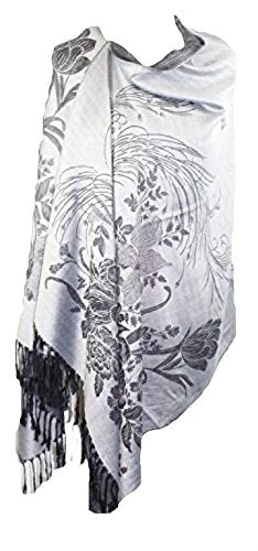 World of Shawls Ladies Women Two Sided Floral Silk Kashmiree Silver
