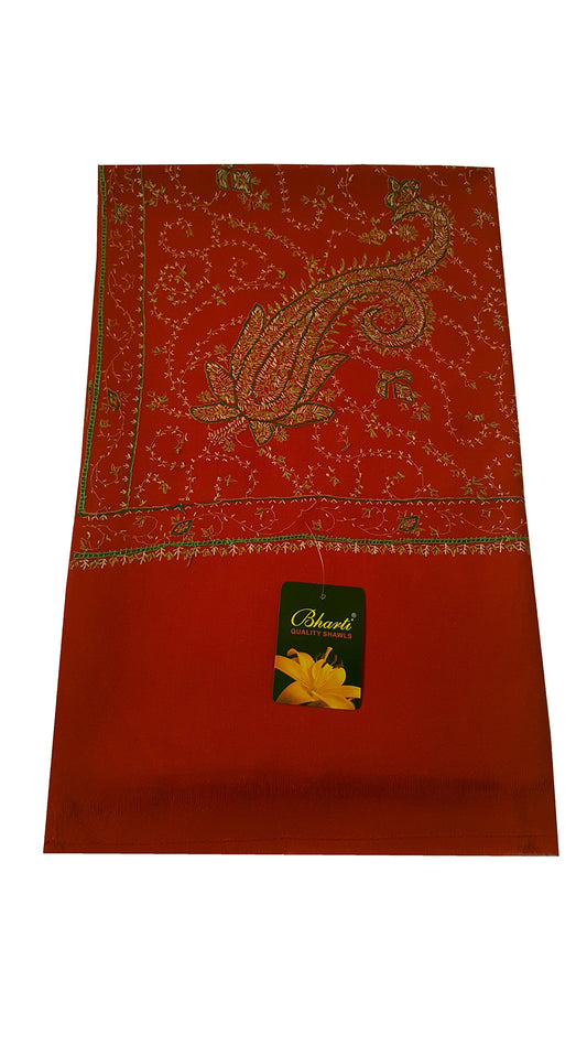 Exclusive Designer Women's Ladies Fine Wool Hand Embroidered Needle Work Shawl Scarf Wrap Occasion Bridal Party Wear (Strawberry Red - Paisley Floral)