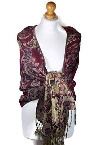 World of Shawls UK Seller Designer Jamawar Ladies Maroon And Gold Scarf Stole Wrap Shawl. Reversible Floral Paisley Design Pashmina. Luxurious and Warm.