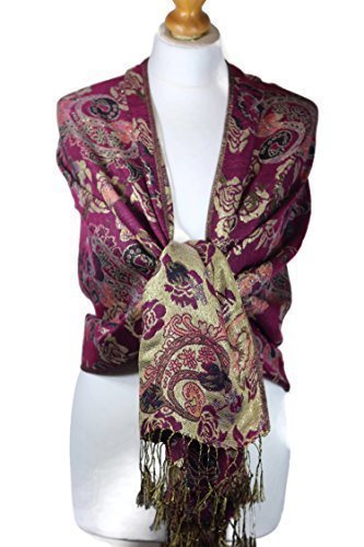 World of Shawls Designer Jamawar Ladies Wine And Gold Scarf Stole Wrap Shawl. Reversible Floral Paisley Design Pashmina. Luxurious and Warm.