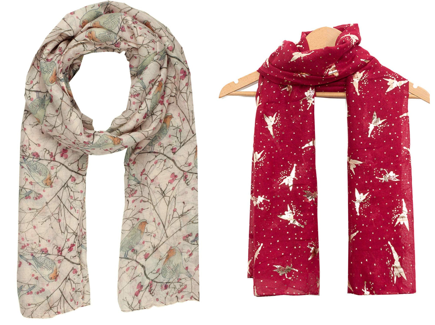 Christmas Bonanza Pack of 2 Scarves Wrap Shawl Scarf for Women Ladies (Robin Cream & Foil Fairy Maroon, 2)