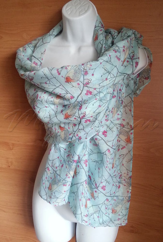 MyMusu Christmas Robin Bird Scarf Ladies Multi Way Large Soft Wrap (Aqua)