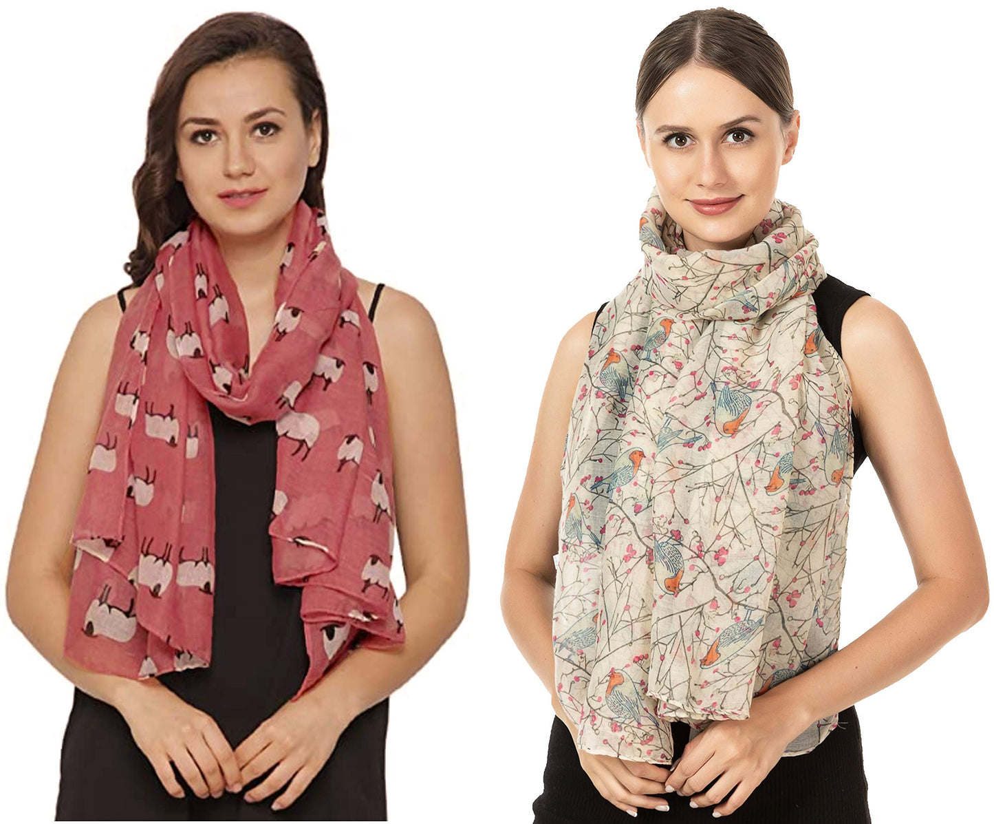 Christmas Bonanza Pack of 2 Scarves Wrap Shawl Scarf for Women Ladies (Sheep Dusky Pink & Robin Cream, 2)