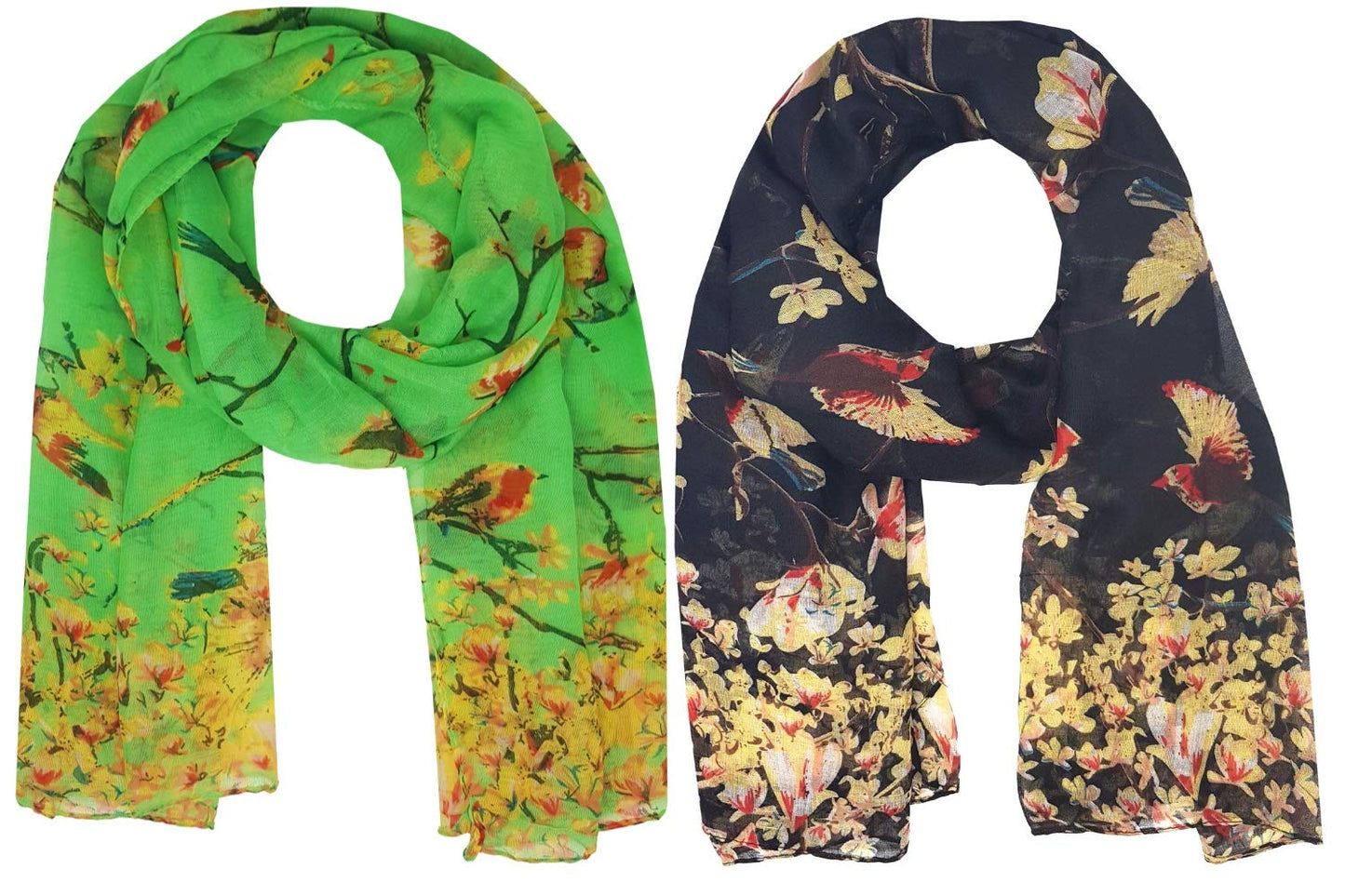 Pack of 2 Animal Print Bird Scarves Wrap Shawl for Women Ladies (Bird1 - Black & Green, 2)