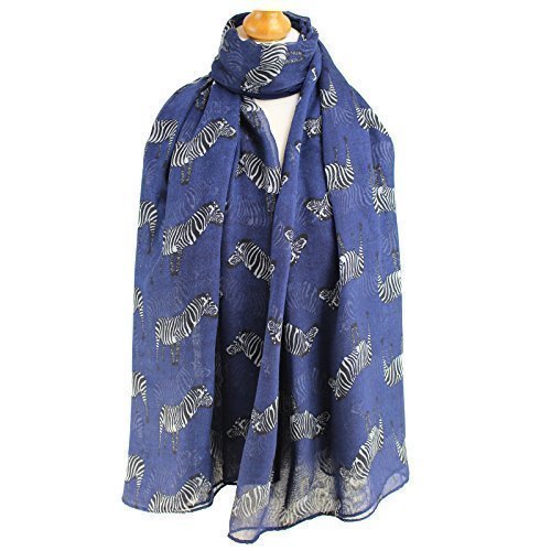 World of Shawls Ladies Beautiful Zebra Print Large Soft Maxi Scarf Beach Wrap Sarong Navy Blue