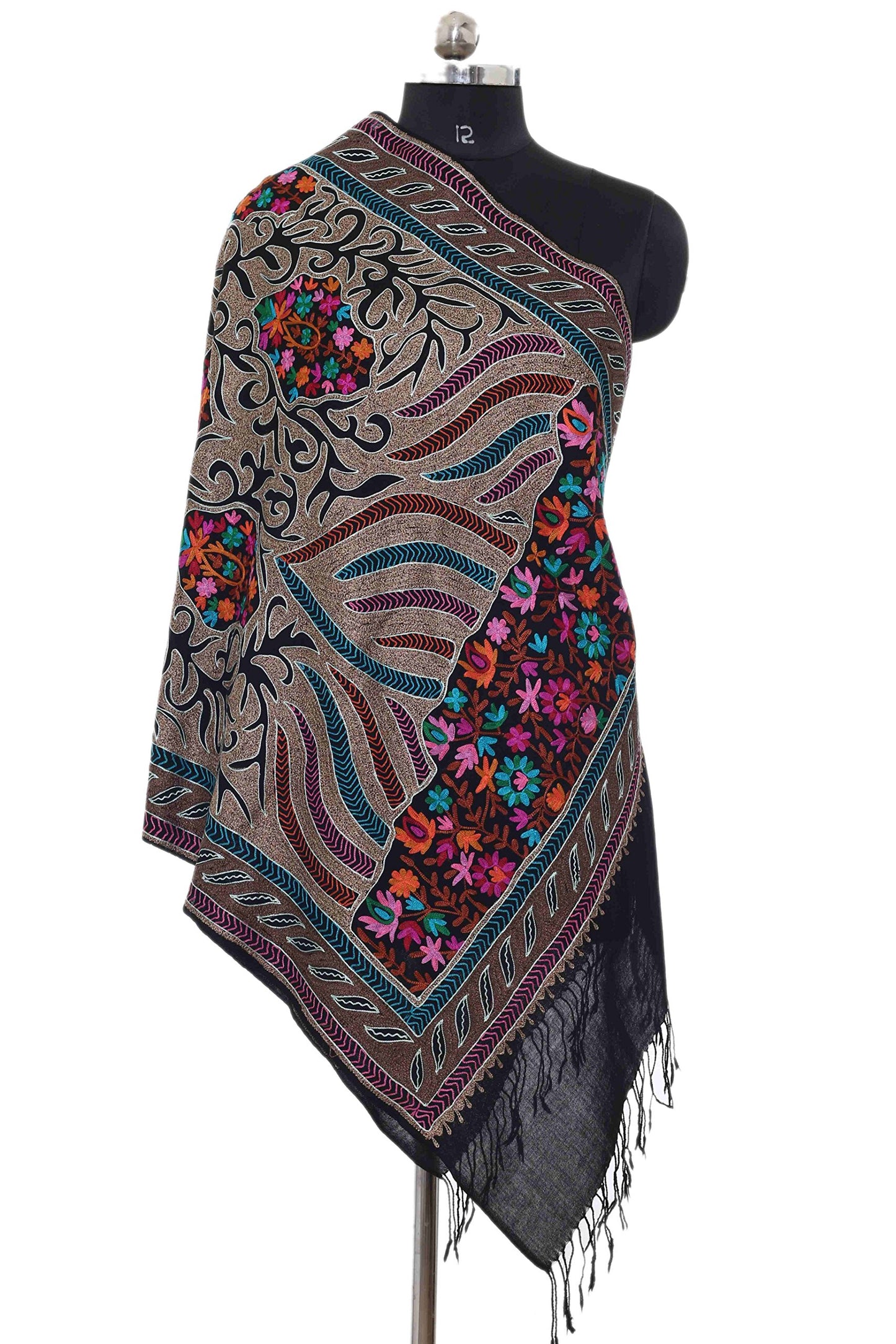 Women's Ladies Black 100% Wool Pashmina Hand Embroidery Luxuriously Warm and Super Soft Shawl Scarf Wrap Stole