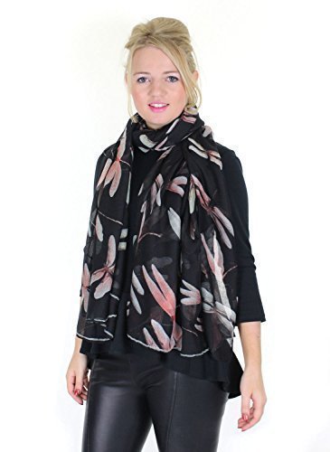 Colourful Large Dragonfly Printed Ladies Fashion Scarf (Black)