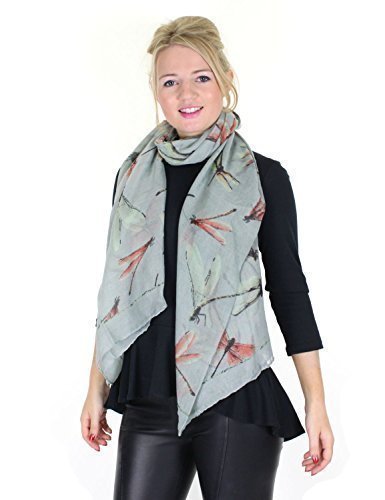 Colourful Large Dragonfly Printed Ladies Fashion Scarf (Silver)