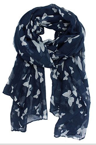 Butterfly Lady Women Fashion Stylish Soft Scarf Shawl Neck Wrap Headscarf Stole (Butterfly White/Navy Background)