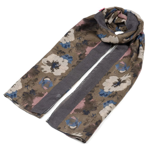 UK Seller!!! NEW Gorgeous Ladies Floral Print with Border Scarf Scarves Stole Wrap Stone/Grey