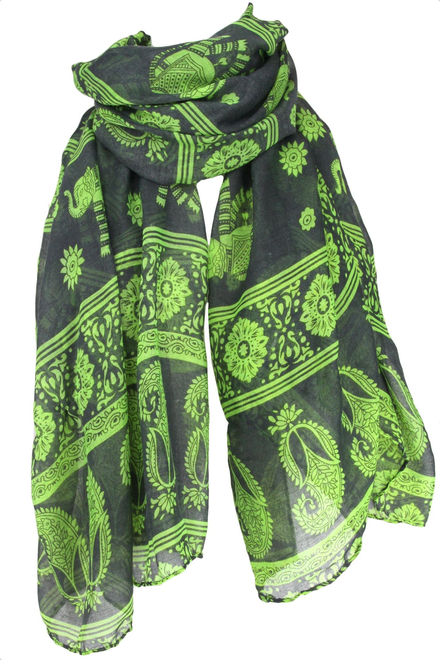 Evolatree - Large Rectangular Shawl Scarf Sarong - Paisley - Gray & Neon Yellow - 74" x 38"