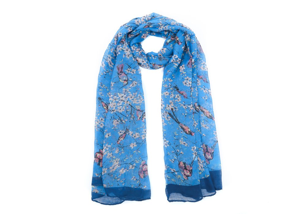 World of Shawls Ladies Women's Colorful Long Bird and Flower Print Scarf Wraps Shawl Maxi Soft Scarves (Blue With Blue Border)