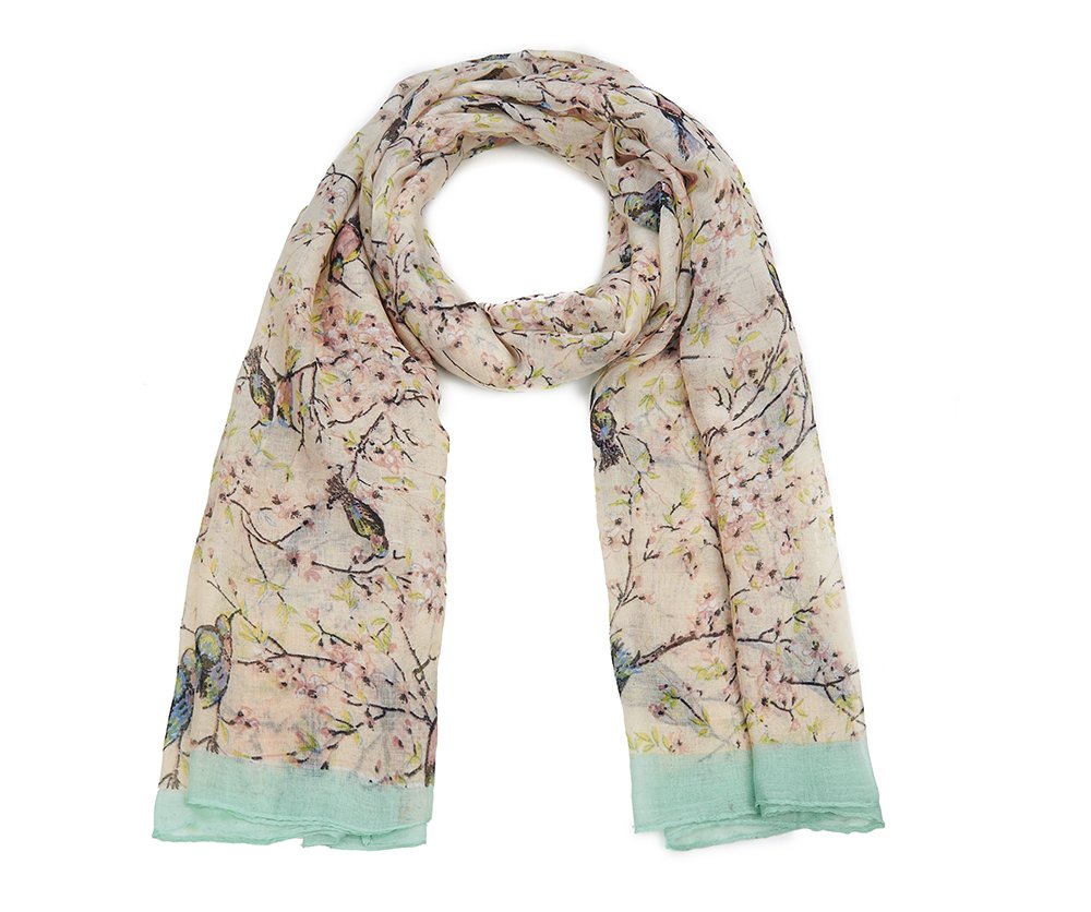 Vintage Style Large Scarf with Bird and Floral Blossom Print, Floaty Light Wrap Shawl