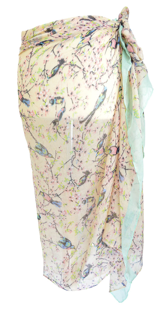 Pink Japanese Cherry Blossom & Bird Print Sarong Beach Pool Cover Up Holiday Resort Wear Paero Free Size