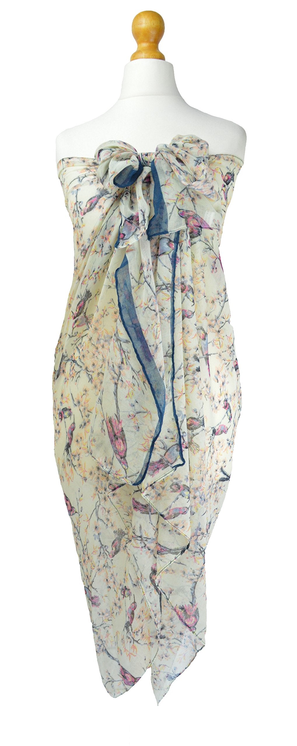Japanese Cherry Blossom Cream & Print Birds Sarong Holiday Beach Pool Spring Wear Paero One Size