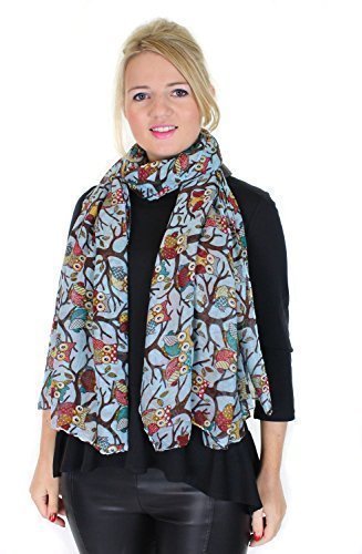 Owl On a Branch Print Ladies Fashion Scarf (Light Blue)