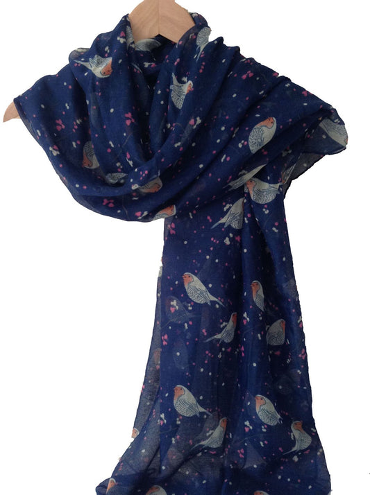 Ladies Women New Spring Robin Bird Print NAVY Scarf Wrap Shawl Pashmina