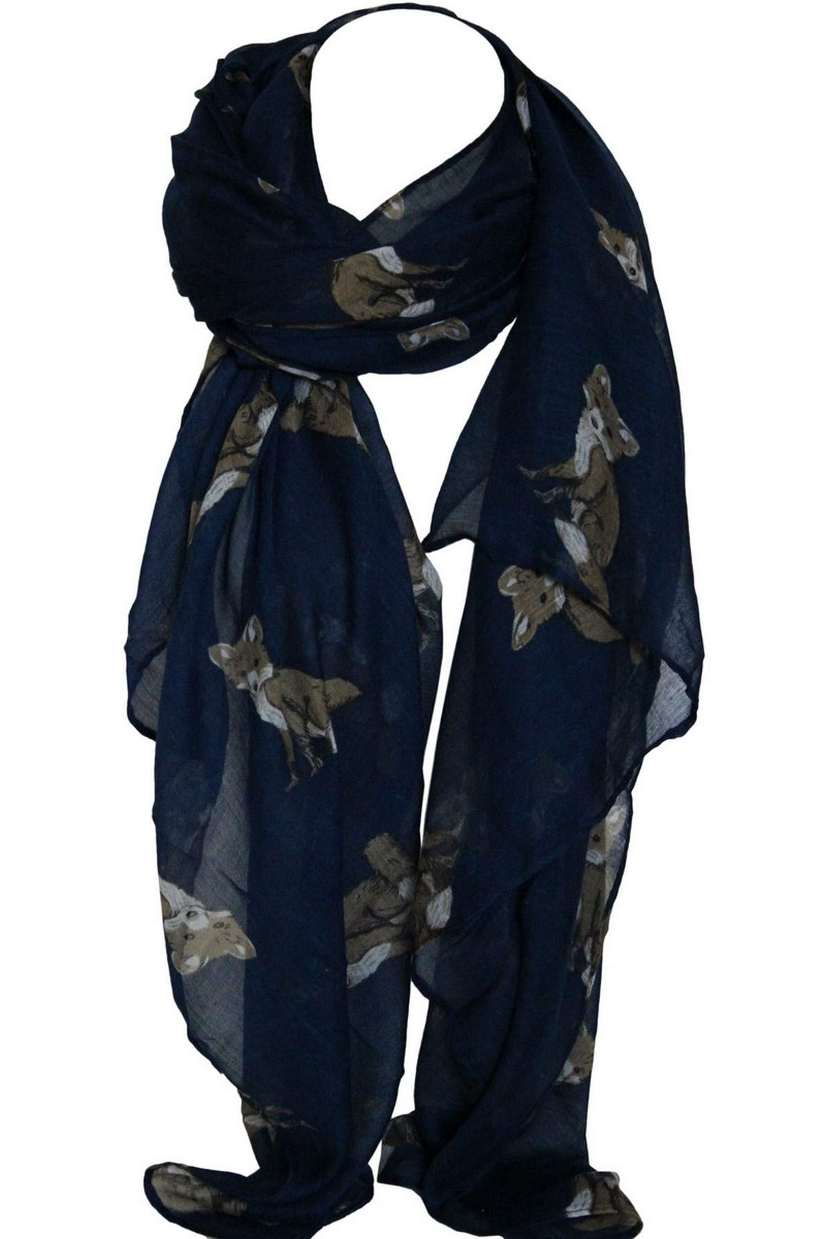 Beautiful Fox Animal Print Large Maxi Scarf Shawl Wrap Stole Sarong (Navy Blue)