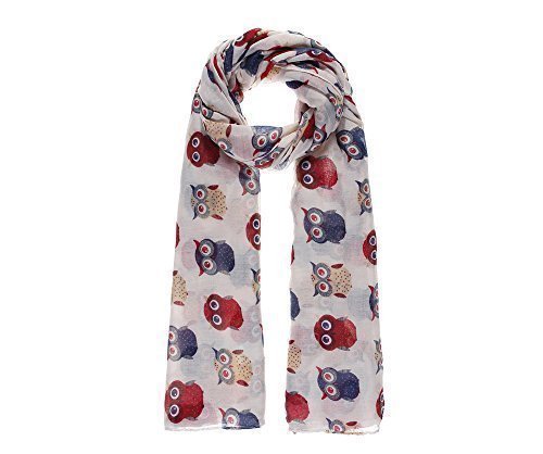 LADIES SCARF OWL Print Cream With RED BLUE Owls Light Weight Summer Gifts