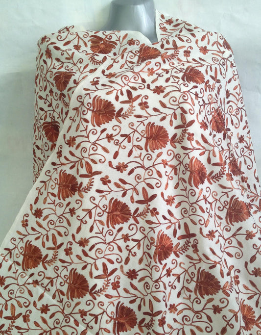 Beautiful Ivory Cream Woolen Shawl with Rust Colour Floral Embroidery