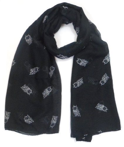 Ladies Little Owl Bird Print Fashion Scarf (Black)