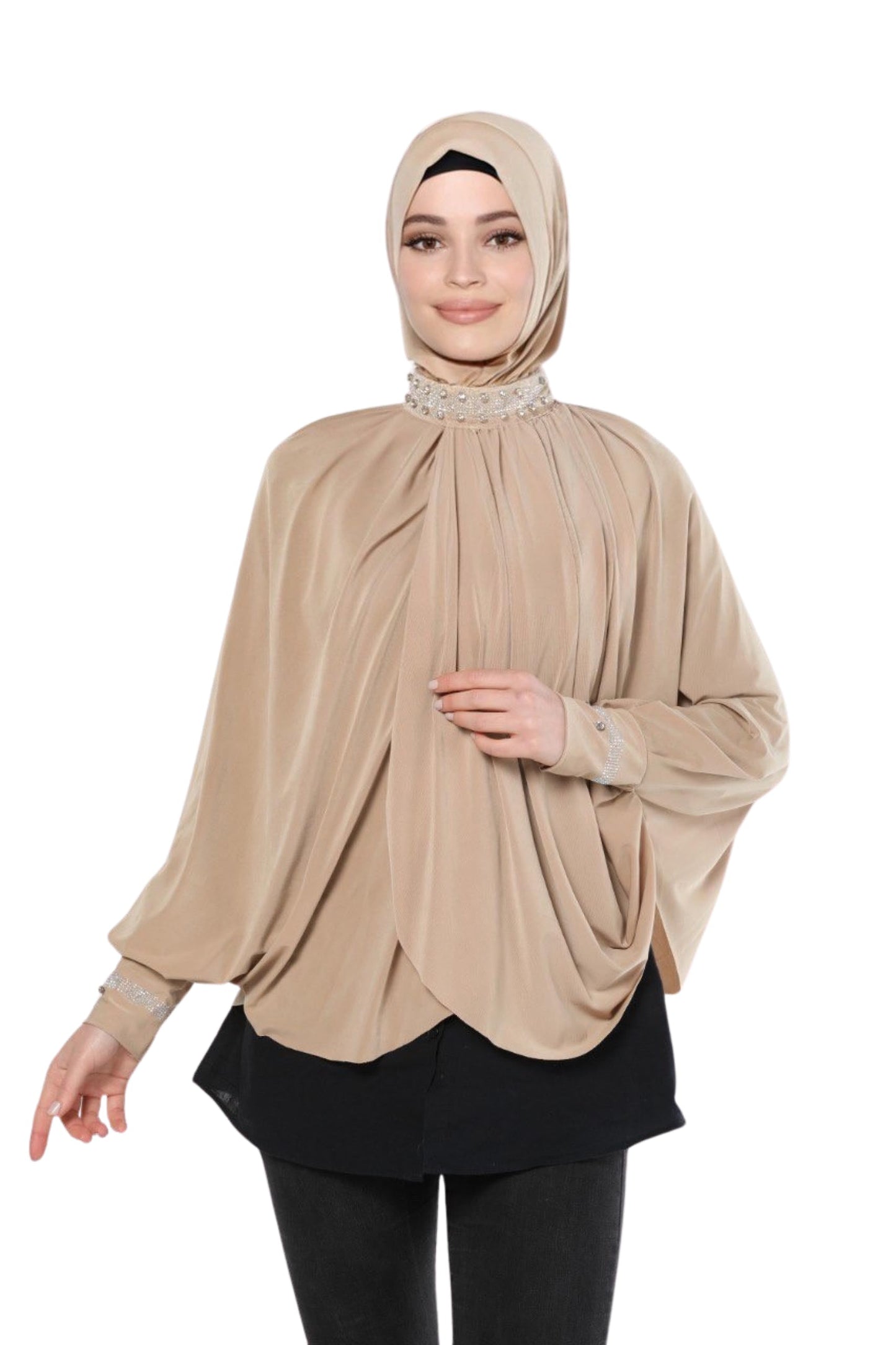 Ready Hijab Embellished with Exquisite Pearl Work on Neckline and Sleeves Premium Quality Hijab Jersey Scarf Gift for Ramadan Eid Hajj
