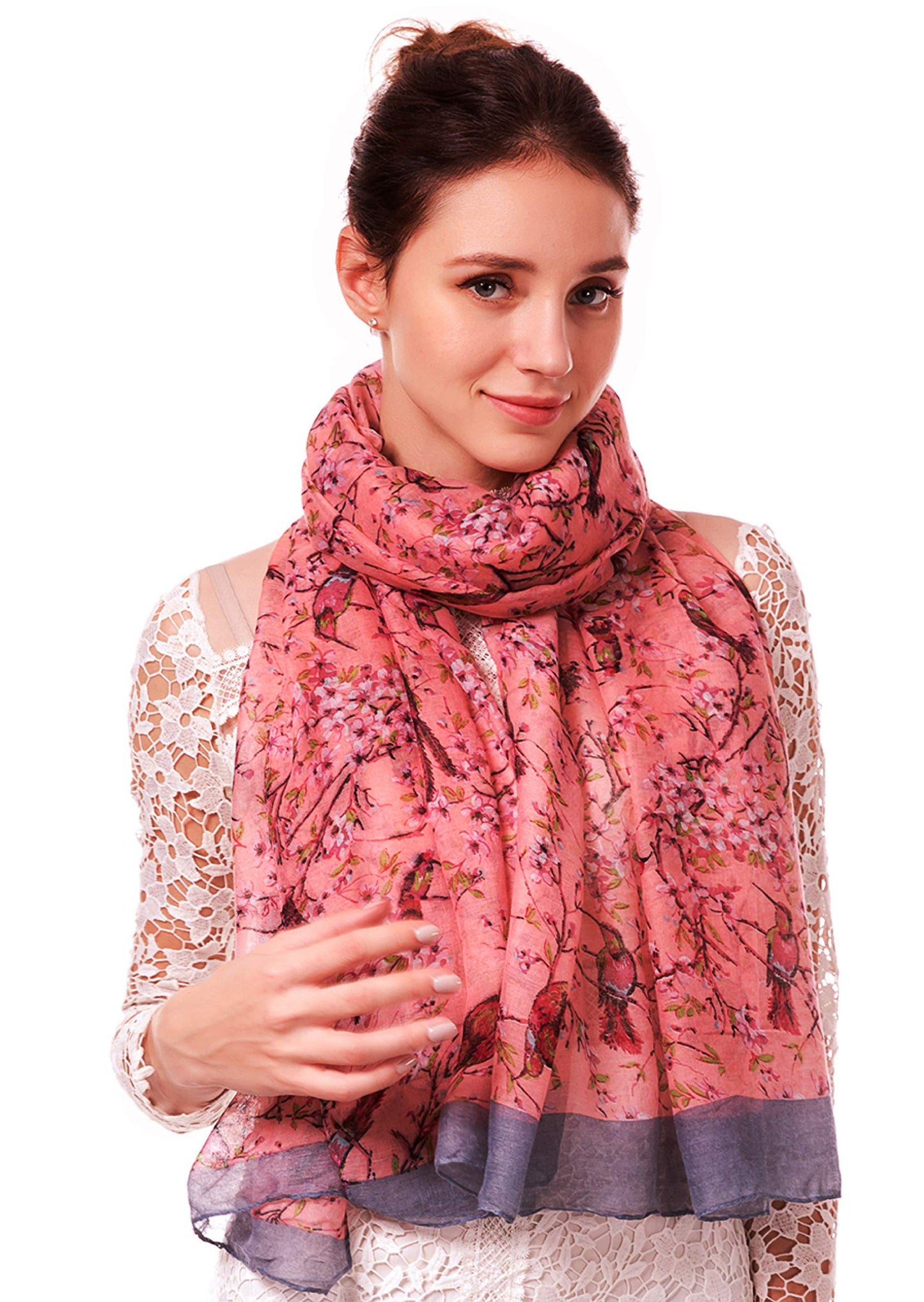 World of Shawls Ladies Women's Colorful Japanese Cherry Blossom Bird And Floral Print Scarf Scarves Maxi Sarong Wrap