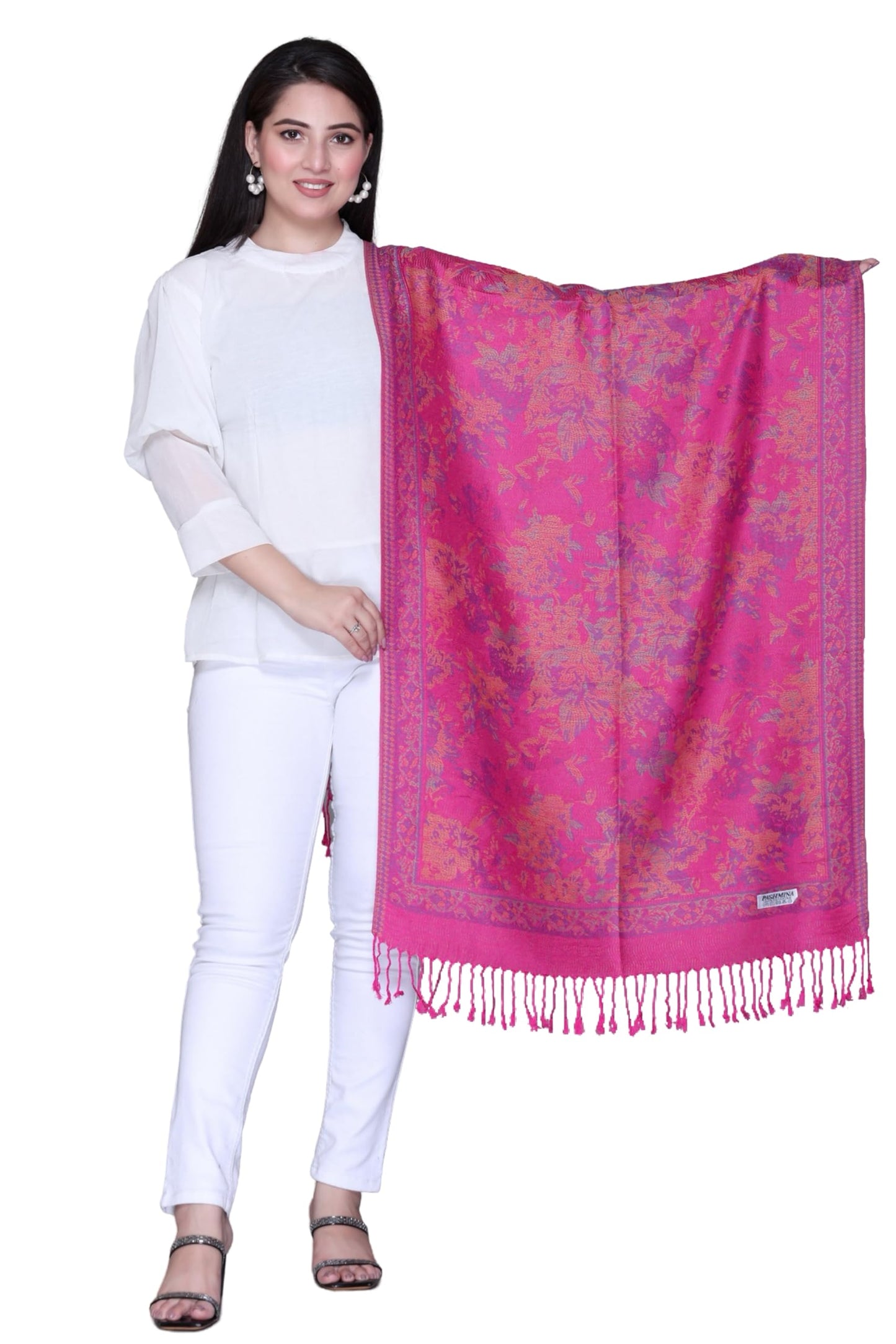 World of Shawls Mosaic-inspired Designs Elegant Floral Silk Feel Shawl with Tassels, Lightweight Wrap for All Seasons