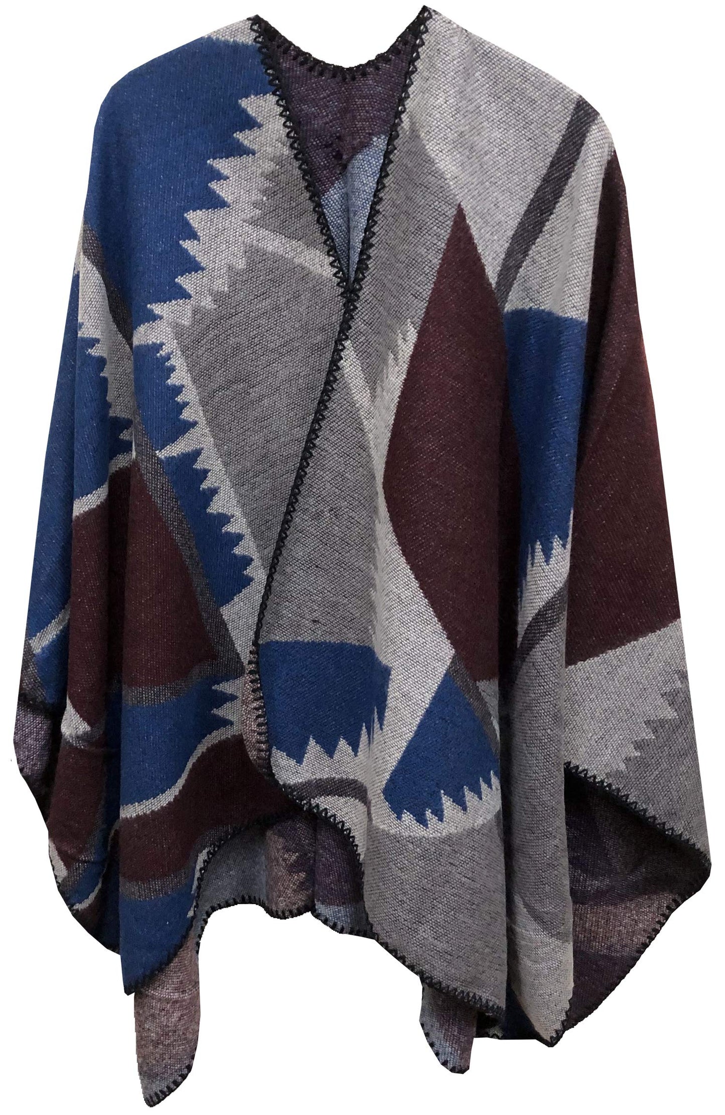 World of Shawls Reversible Knitted Oversized Poncho Scarf Wrap Cape for Women Ladies with Block Print Abstract Design Open Front Cardigan