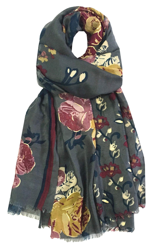 World of Shawls Floral Print with Gold Foil Scarf for Women Ladies Shawl Wrap Stole - Black Maroon Gold Grey Navy Blue Green