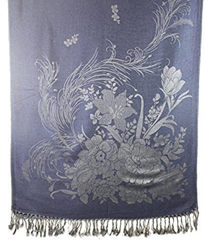 World of Shawls Ladies Women Two Sided Floral Silk Kashmiree Collection Limited Edition Navy Blue