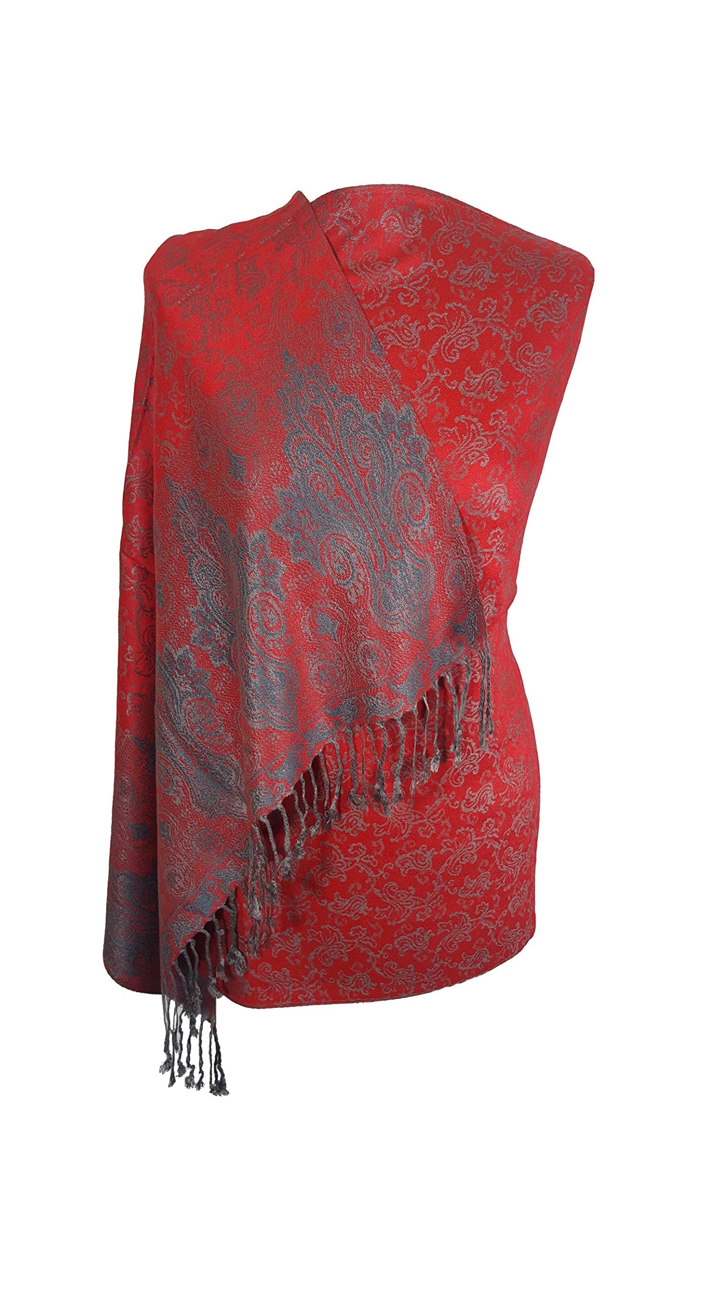 World of Shawls Ladies Floral Paisley Bordered Pashmina Feel Shawl Scarf Wrap Stole Luxuriously Warm Soft and Silky Touch (Red/Green_5234)