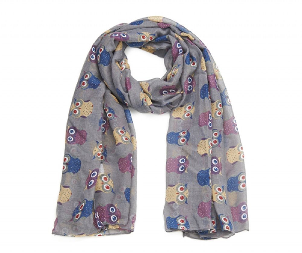 Grey Vintage Big Eyes Owl Print Wide Scarf