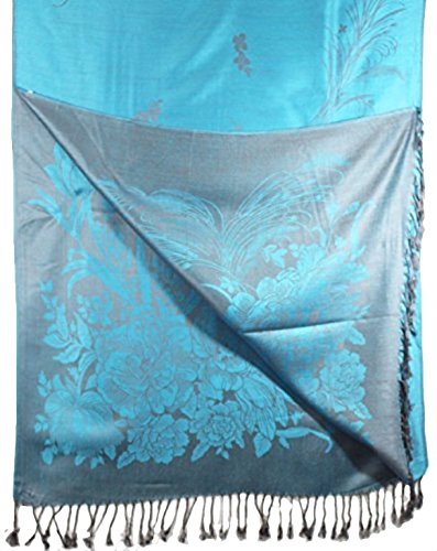 World of Shawls Ladies Women Two Sided Floral Silk Kashmiree Turqouise