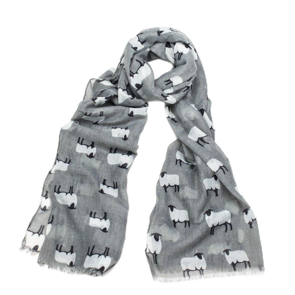 White Sheep Print Wide Grey Scarf