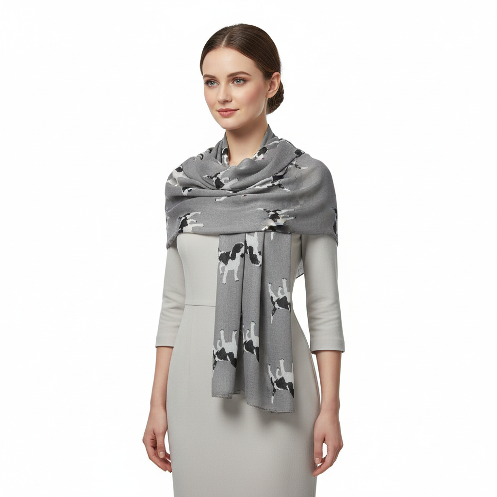 New ladies Puppy Dog Print Scarf Springer Spaniel Beagle Scarf Scarves Shawl (GREY)