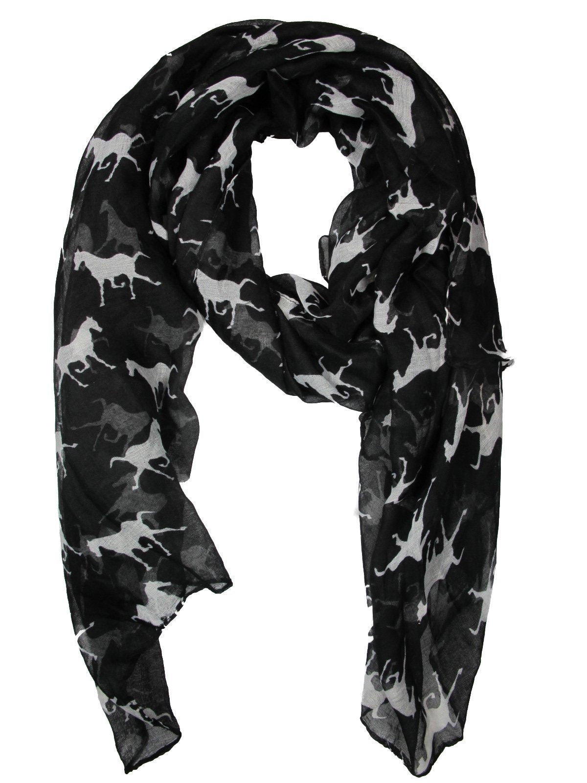 Ladies Large Black Scarf with White Running Horse Print