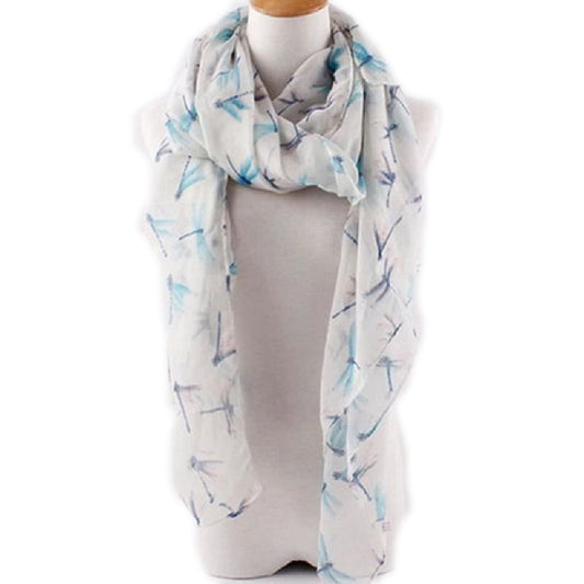 White Dragonfly Print Lightweight Voile Scarf for Women – Style Shawl Wrap