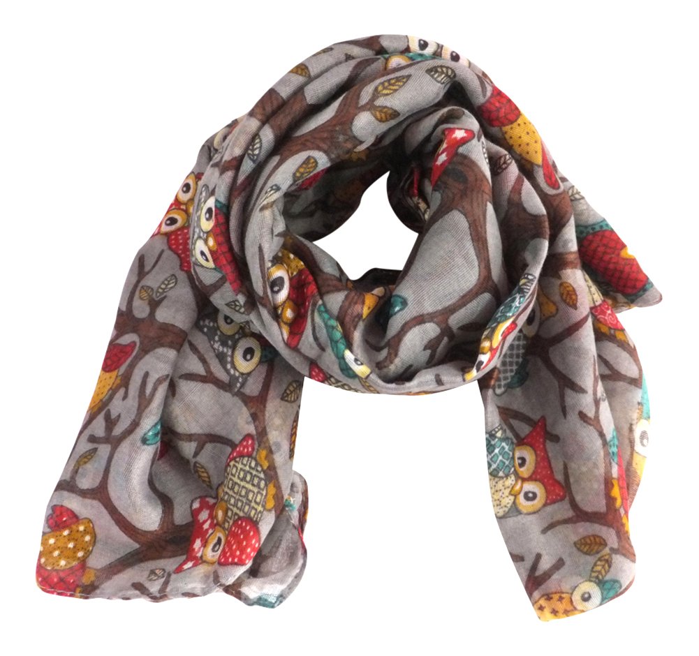 Grey Owl on Branch Print Scarf for Women – Wide Lightweight Fashion Shawl Wrap