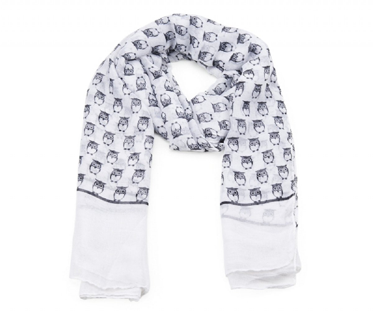 White Scarf with Black Small Owl Print – Wide Lightweight Fashion Shawl for Women