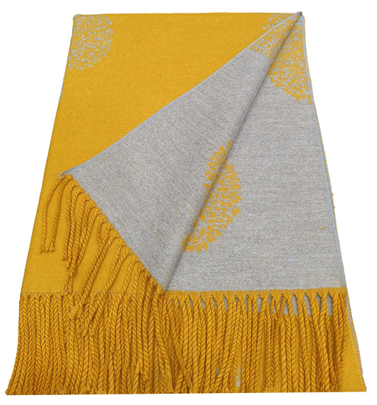 Thick Reversible Mulberry Design Winter Scarf Wrap Blanket Shawl Warm Soft Cosy - MUSTARD / SILVER