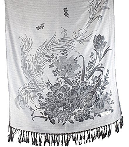 World of Shawls Ladies Women Two Sided Floral Silk Kashmiree Silver