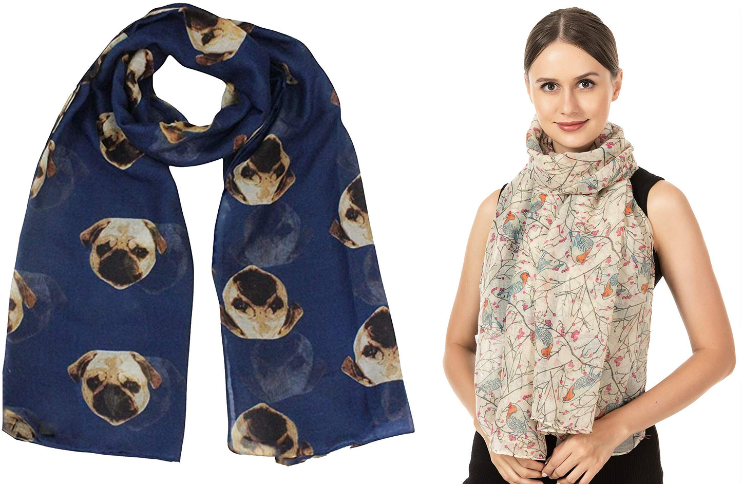 Christmas Bonanza Pack of 2 Scarves Wrap Shawl Scarf for Women Ladies (Pug Dog Navy Blue & Robin Cream, 2)