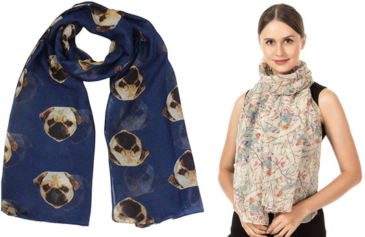 Christmas Bonanza Pack of 2 Scarves Wrap Shawl Scarf for Women Ladies (Pug Dog Navy Blue & Robin Cream, 2)