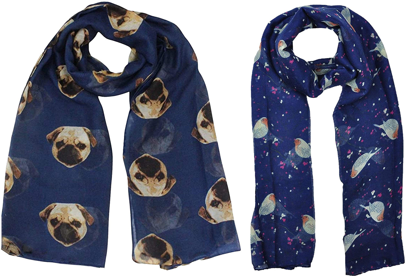 Christmas Bonanza Pack of 2 Scarves Wrap Shawl Scarf for Women Ladies (Pug Dog Navy Blue & Robin Navy Blue, 2)