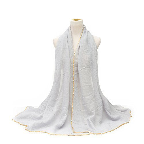 Ladies Women/Girls Sparkly Crinkle Effect Scarf Wrap Shawl Hijab Large Oversized Maxi Sarong with Gold Piping & Pearl Border Wedding Party Evening