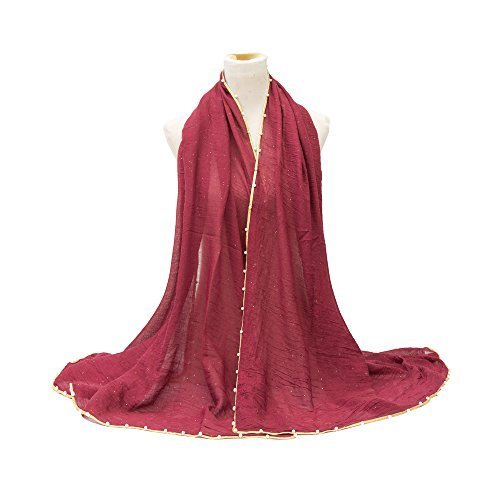 Ladies Women/Girls Sparkly Crinkle Effect Scarf Wrap Shawl Hijab Large Oversized Maxi Sarong with Gold Piping & Pearl Border Wedding Party Evening