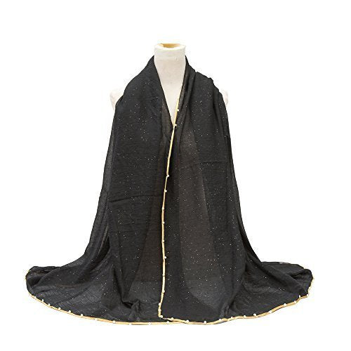 Ladies Women/Girls Sparkly Crinkle Effect Scarf Wrap Shawl Hijab Large Oversized Maxi Sarong with Gold Piping & Pearl Border Wedding Party Evening