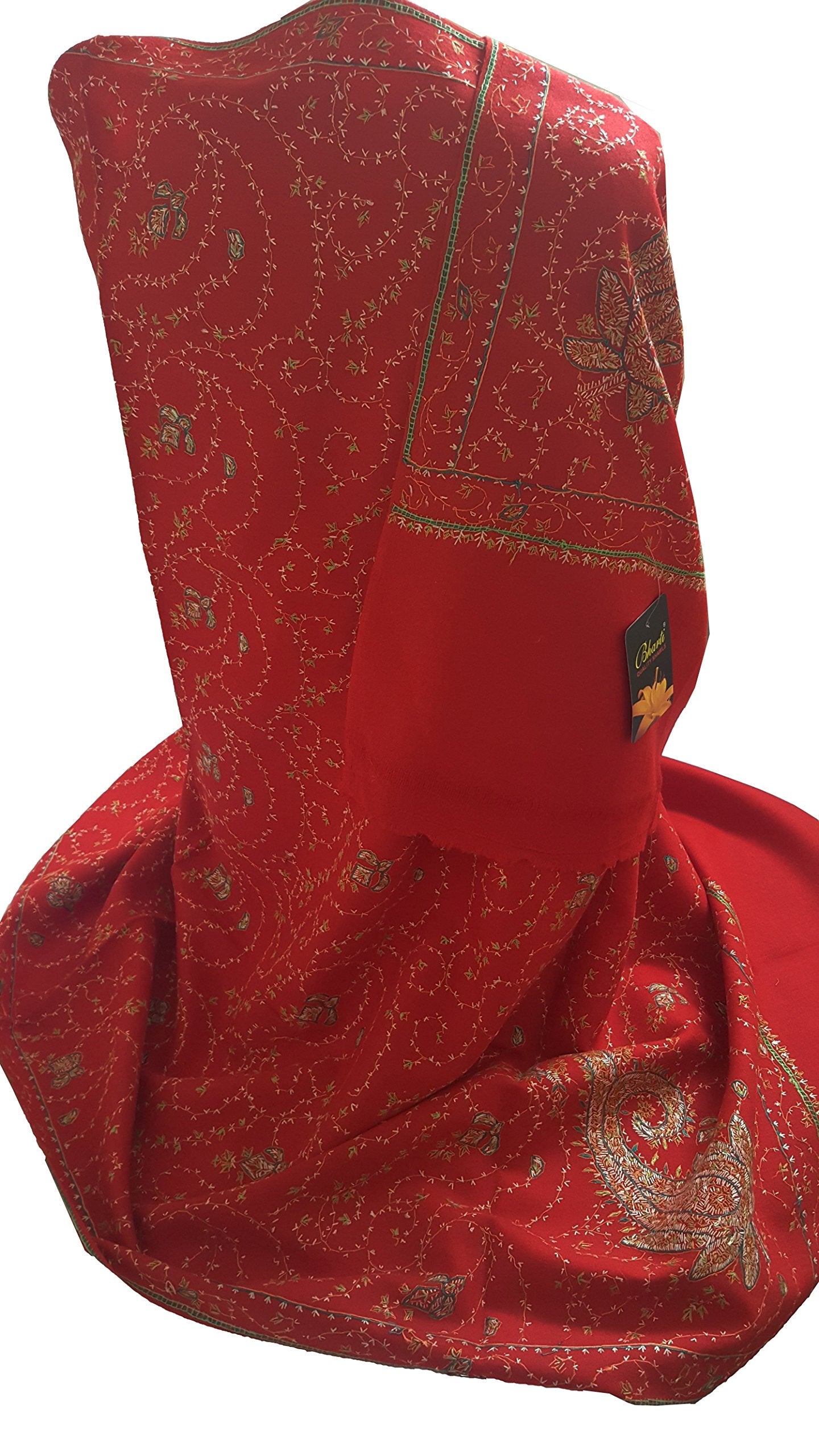 Exclusive Designer Women's Ladies Fine Wool Hand Embroidered Needle Work Shawl Scarf Wrap Occasion Bridal Party Wear (Strawberry Red - Paisley Floral)